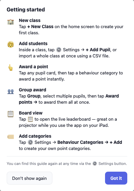 Class Points getting started screen