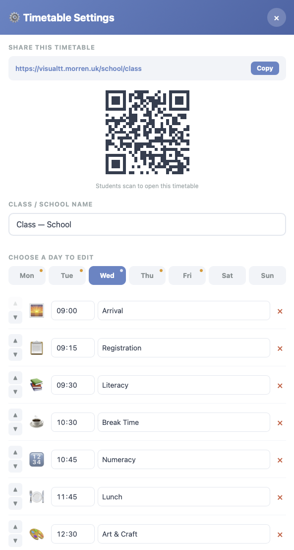 Visual TT teacher setup screen
